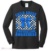 Blue Coquette Bow Child Abuse Awareness Ribbon Checkered Kids Long Sleeve Shirt thumb 0