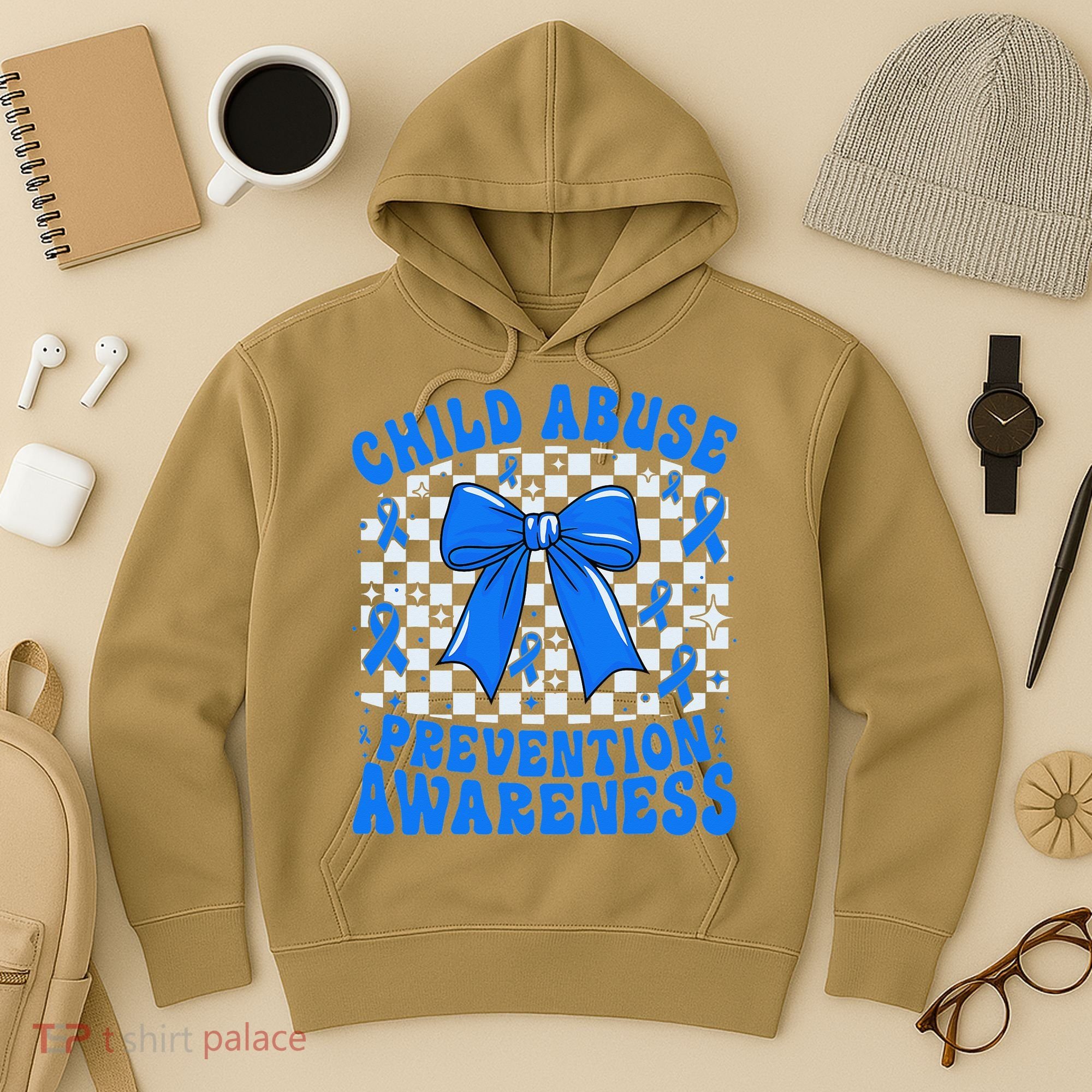 Blue Coquette Bow Child Abuse Awareness Ribbon Checkered Hoodie