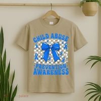 Blue Coquette Bow Child Abuse Awareness Ribbon Checkered T-Shirt thumb 2