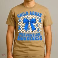 Blue Coquette Bow Child Abuse Awareness Ribbon Checkered T-Shirt thumb 3