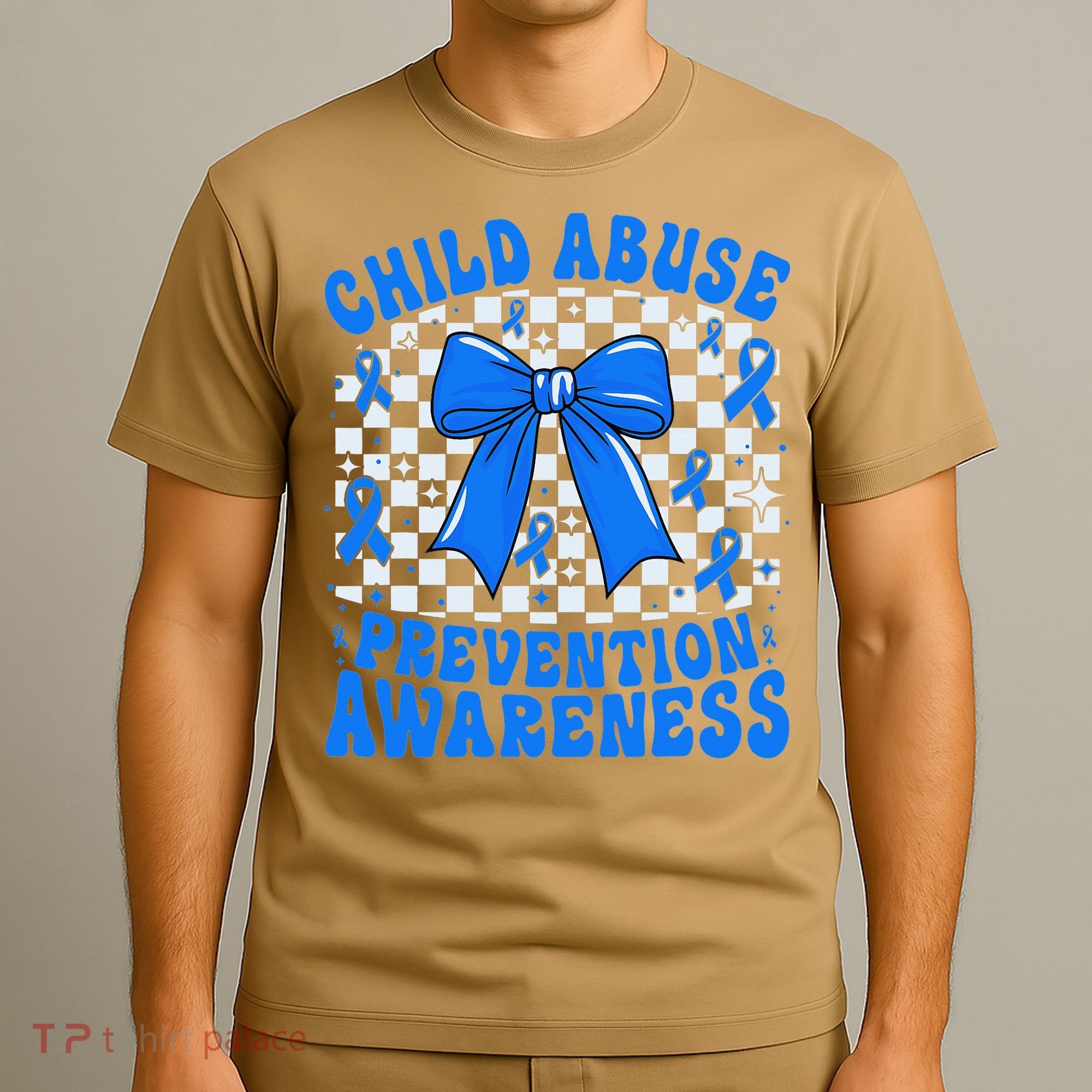 Blue Coquette Bow Child Abuse Awareness Ribbon Checkered T-Shirt