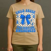 Blue Coquette Bow Child Abuse Awareness Ribbon Checkered T-Shirt thumb 4