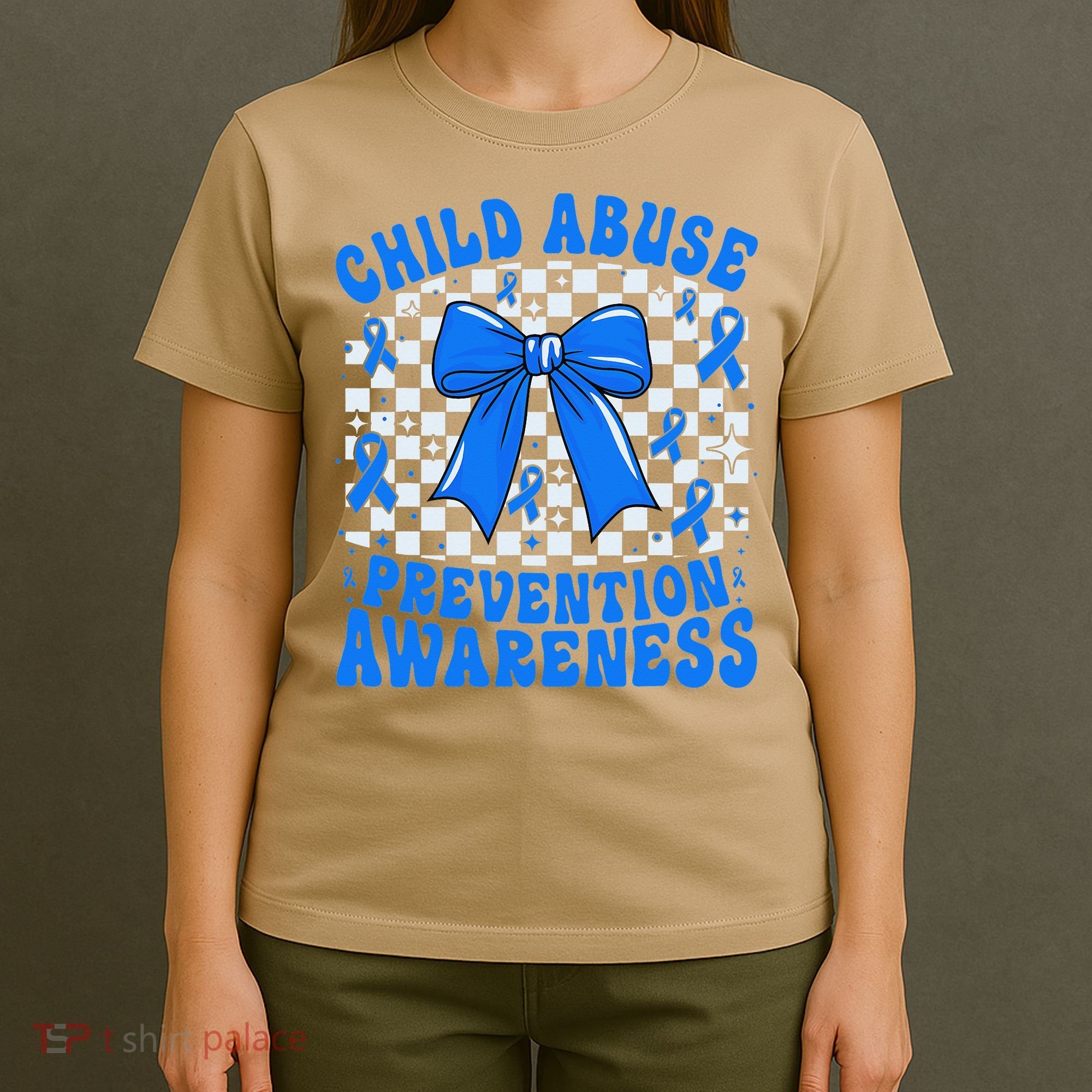 Blue Coquette Bow Child Abuse Awareness Ribbon Checkered T-Shirt