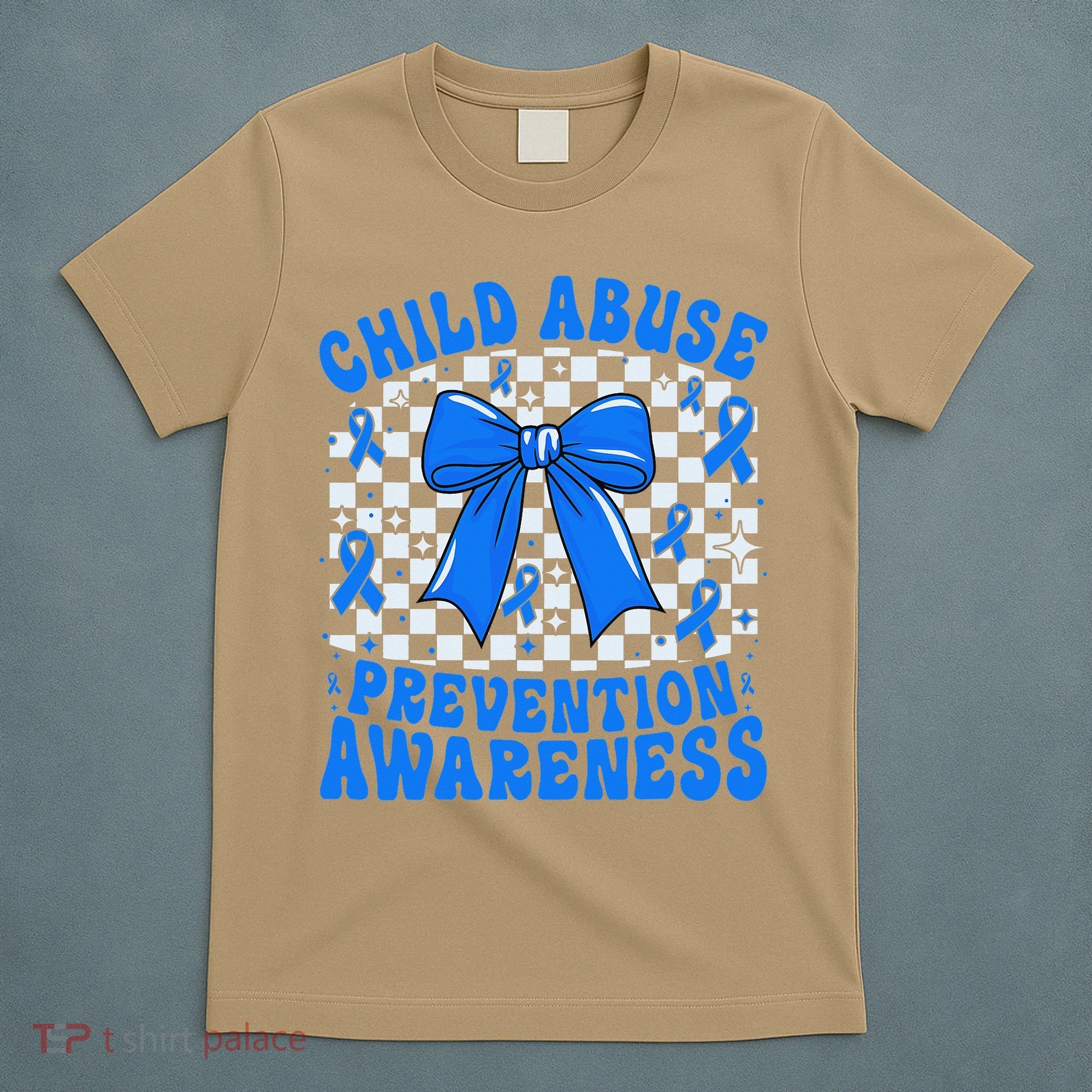 Blue Coquette Bow Child Abuse Awareness Ribbon Checkered T-Shirt