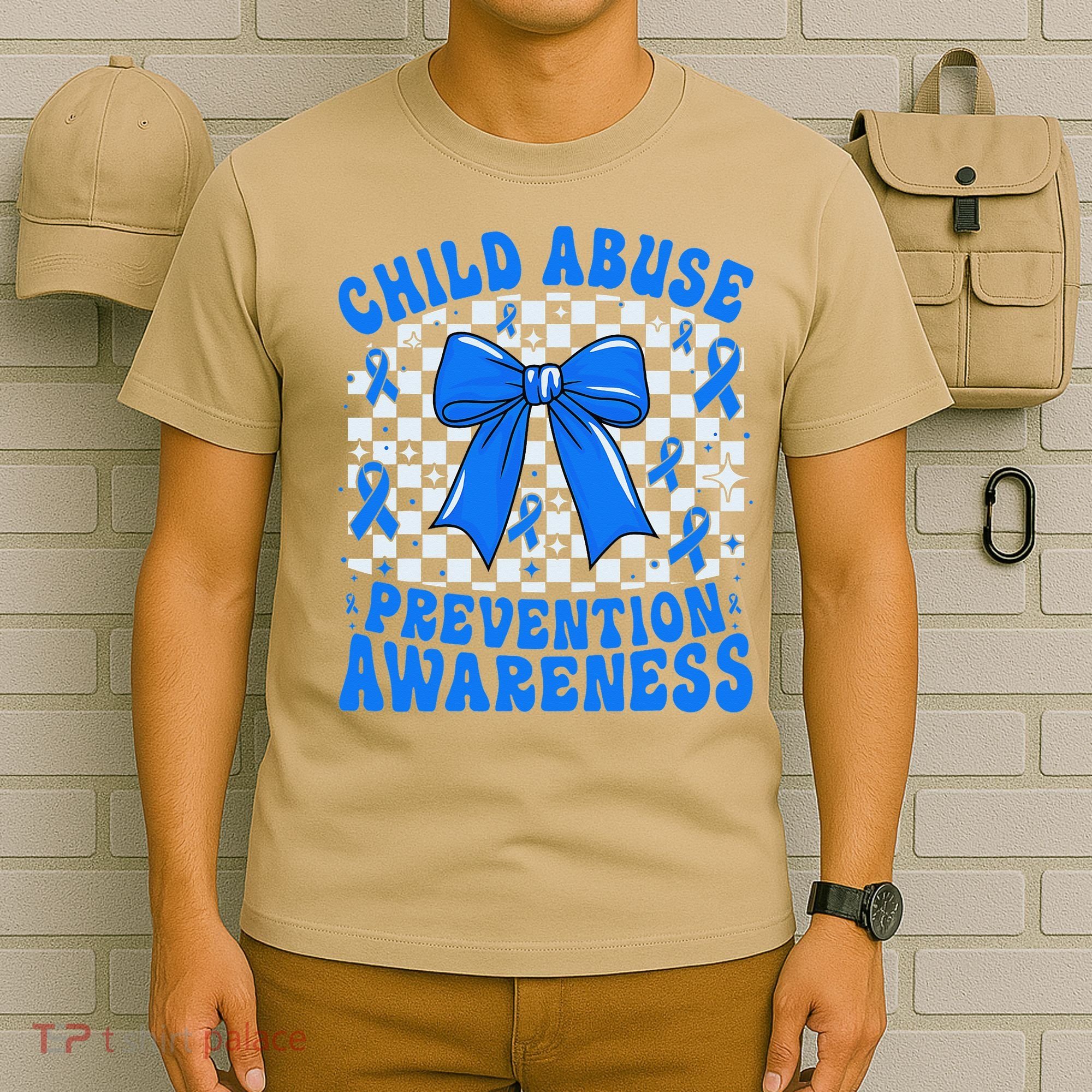 Blue Coquette Bow Child Abuse Awareness Ribbon Checkered T-Shirt