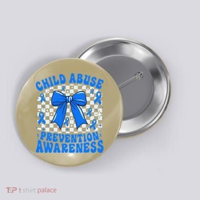 Blue Coquette Bow Child Abuse Awareness Ribbon Checkered Button