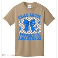 Blue Coquette Bow Child Abuse Awareness Ribbon Checkered Kids T-Shirt thumb 0