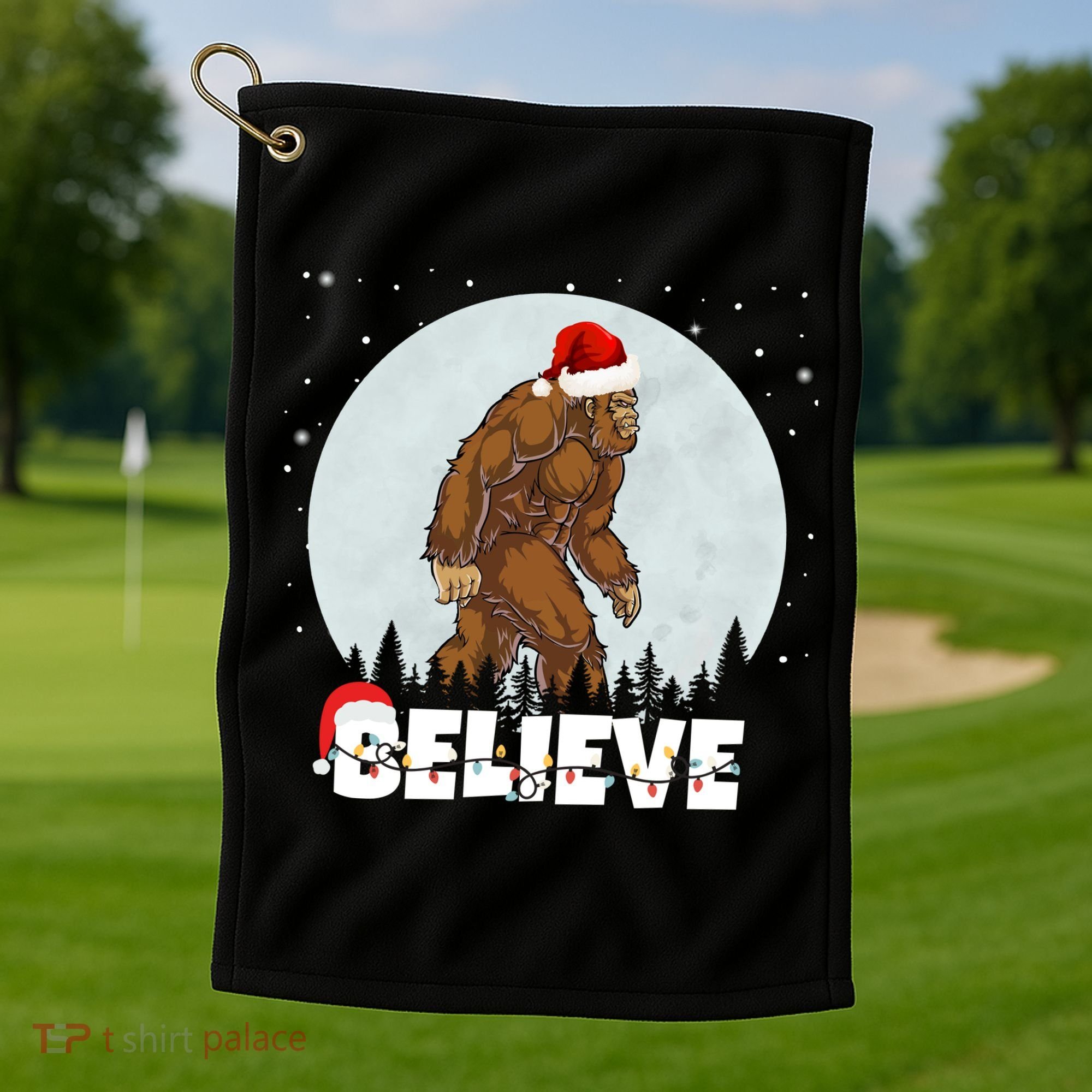 Believe Christmas Bigfoot Holiday Golf Towel