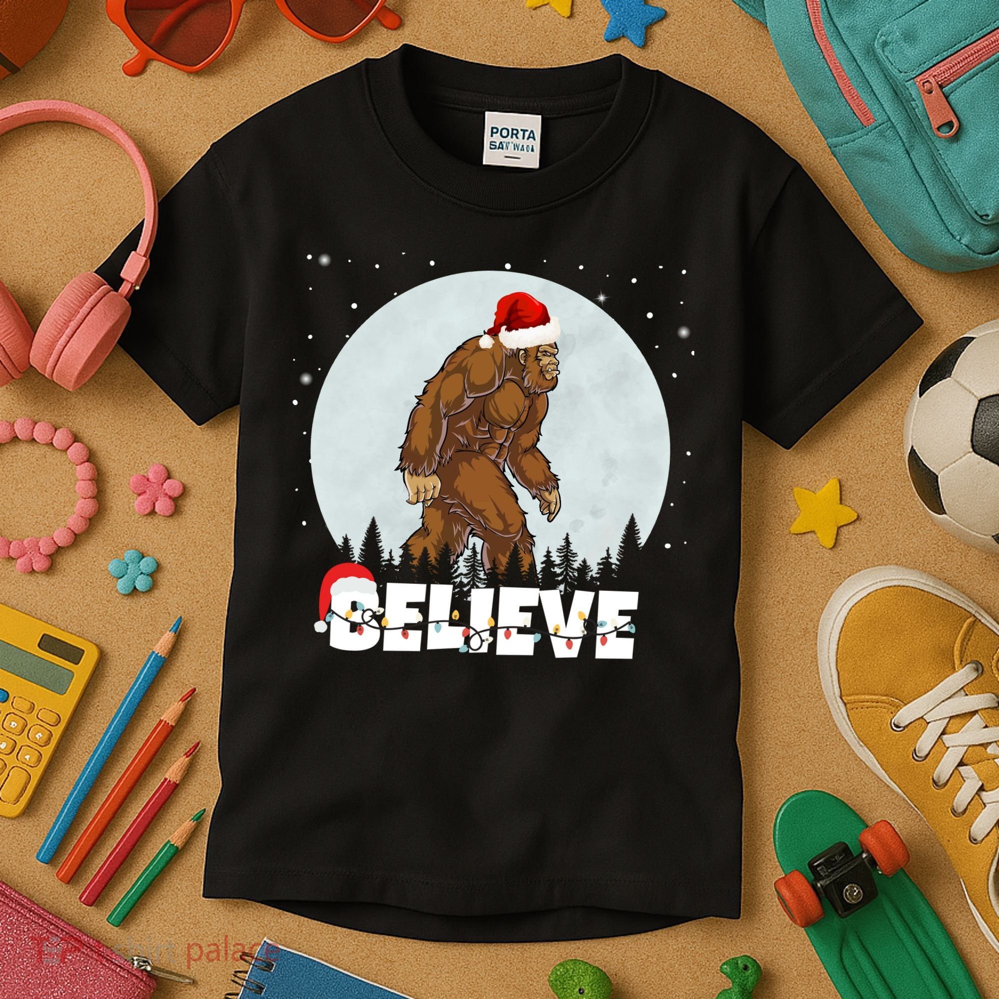 Believe Christmas Bigfoot Holiday Kids T-Shirt