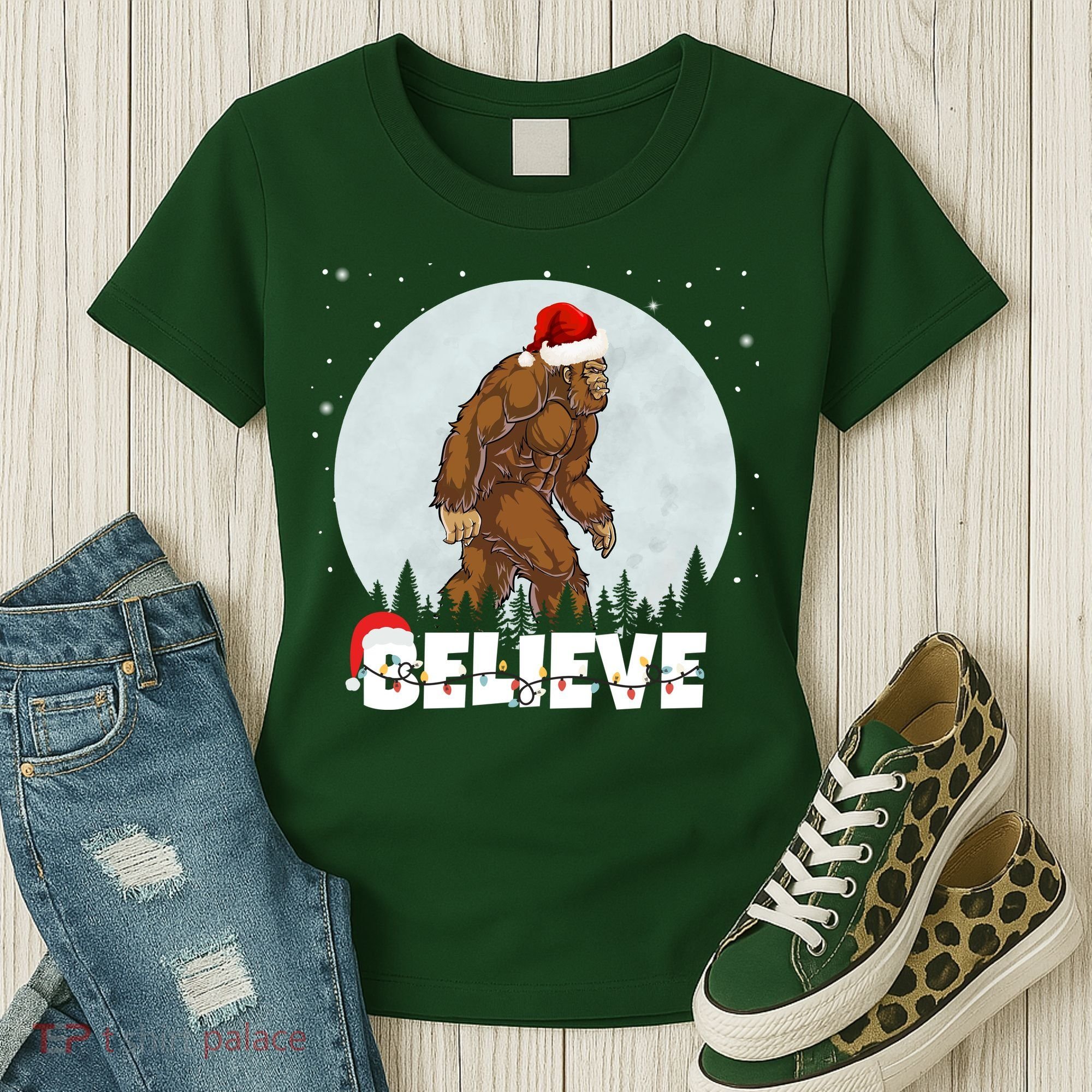 Believe Christmas Bigfoot Holiday Women's T-Shirt