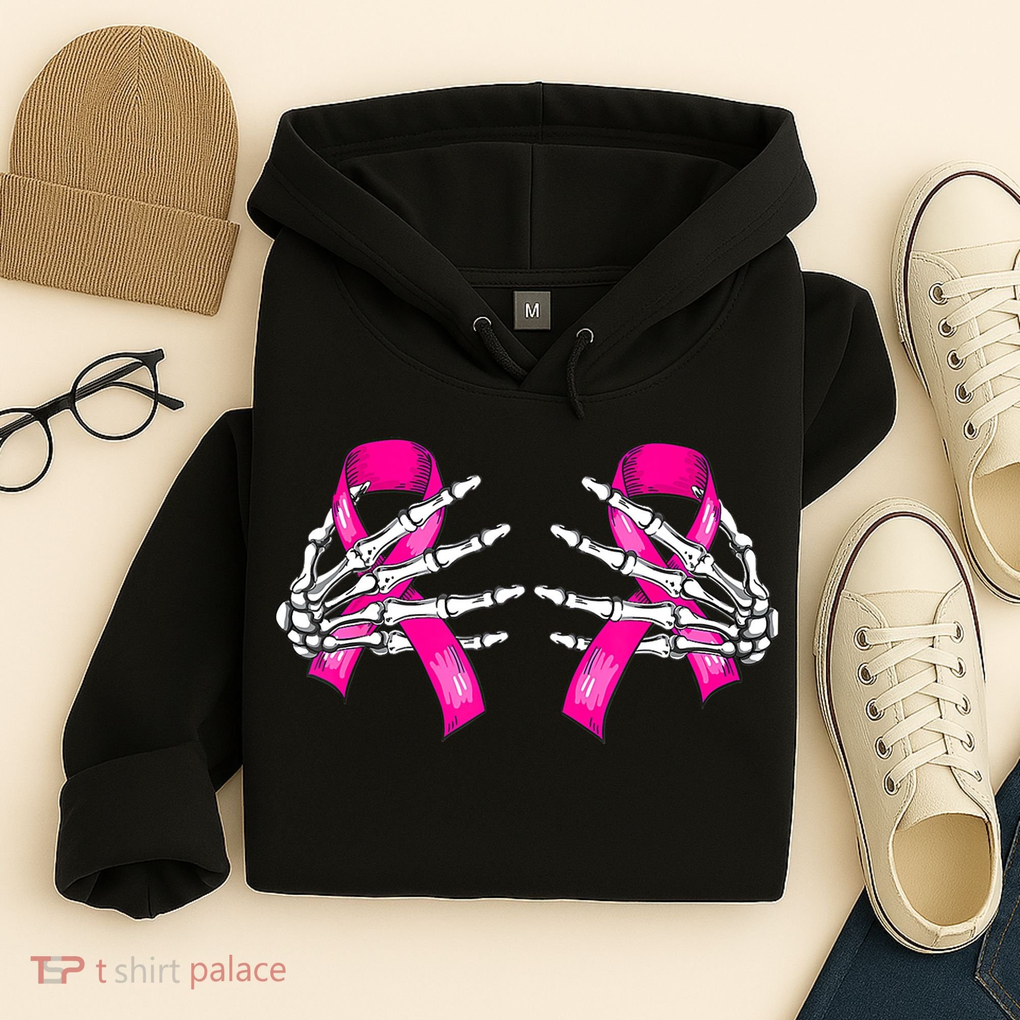 Breast Cancer Boob Skeleton Hand On Ribbon Halloween Hoodie