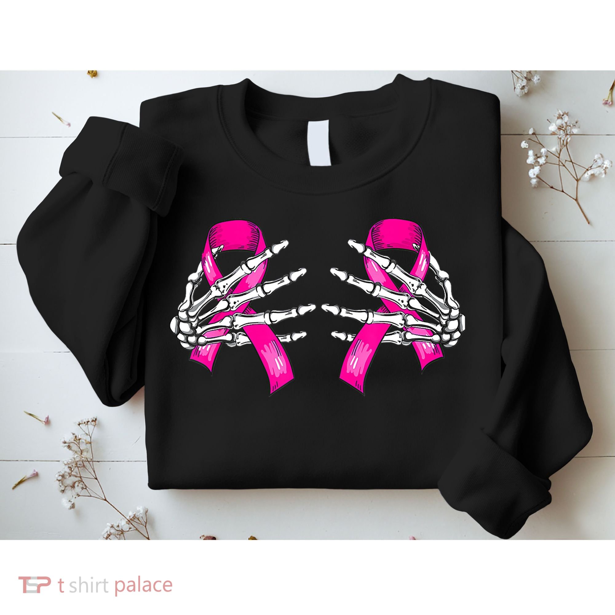 Breast Cancer Boob Skeleton Hand On Ribbon Halloween Sweatshirt