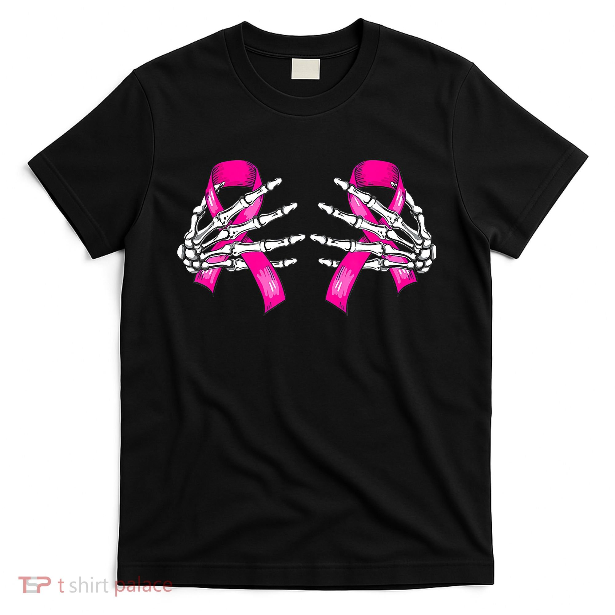 Breast Cancer Boob Skeleton Hand On Ribbon Halloween T-Shirt