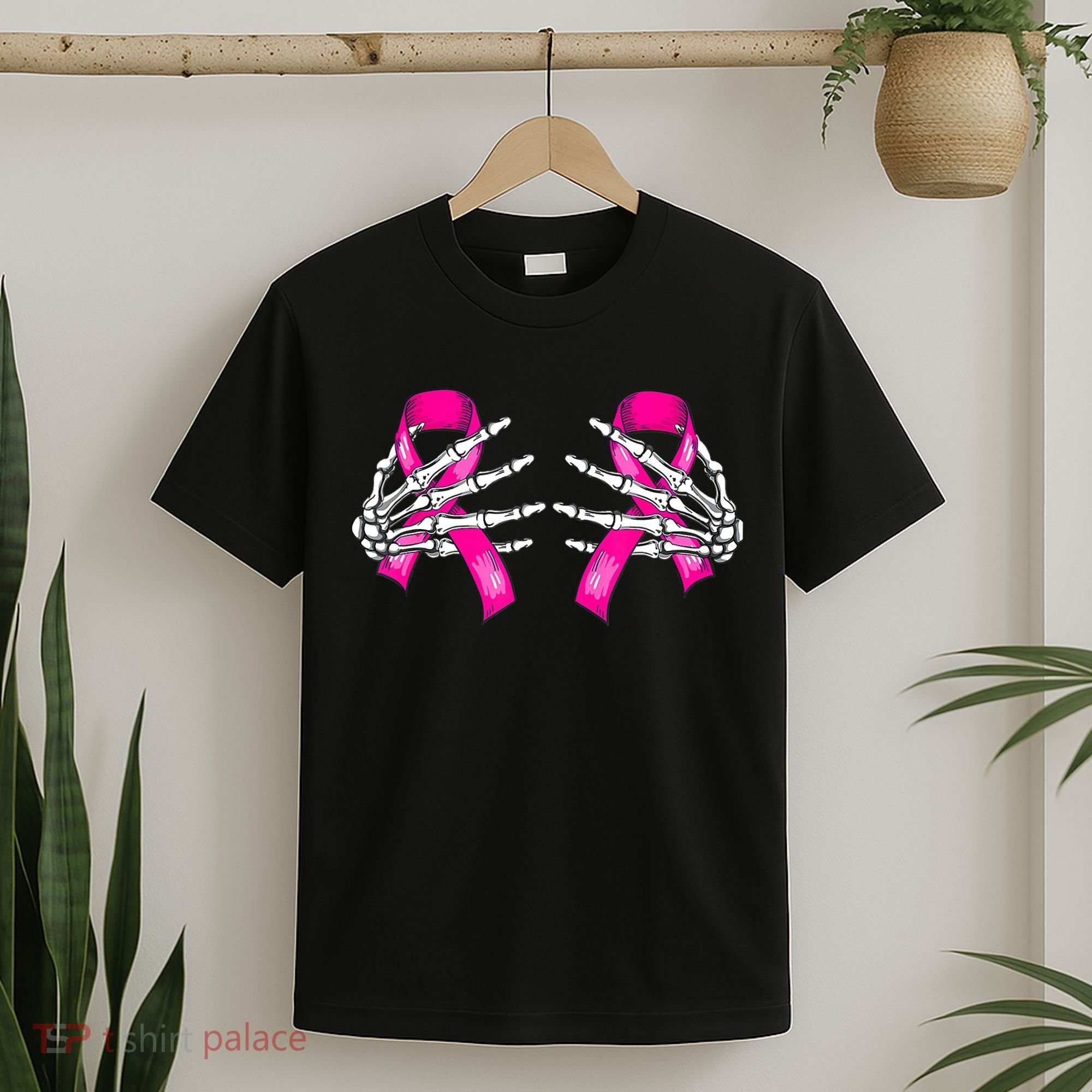 Breast Cancer Boob Skeleton Hand On Ribbon Halloween T-Shirt