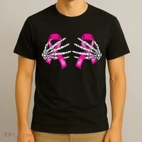 Breast Cancer Boob Skeleton Hand On Ribbon Halloween T-Shirt thumb 3