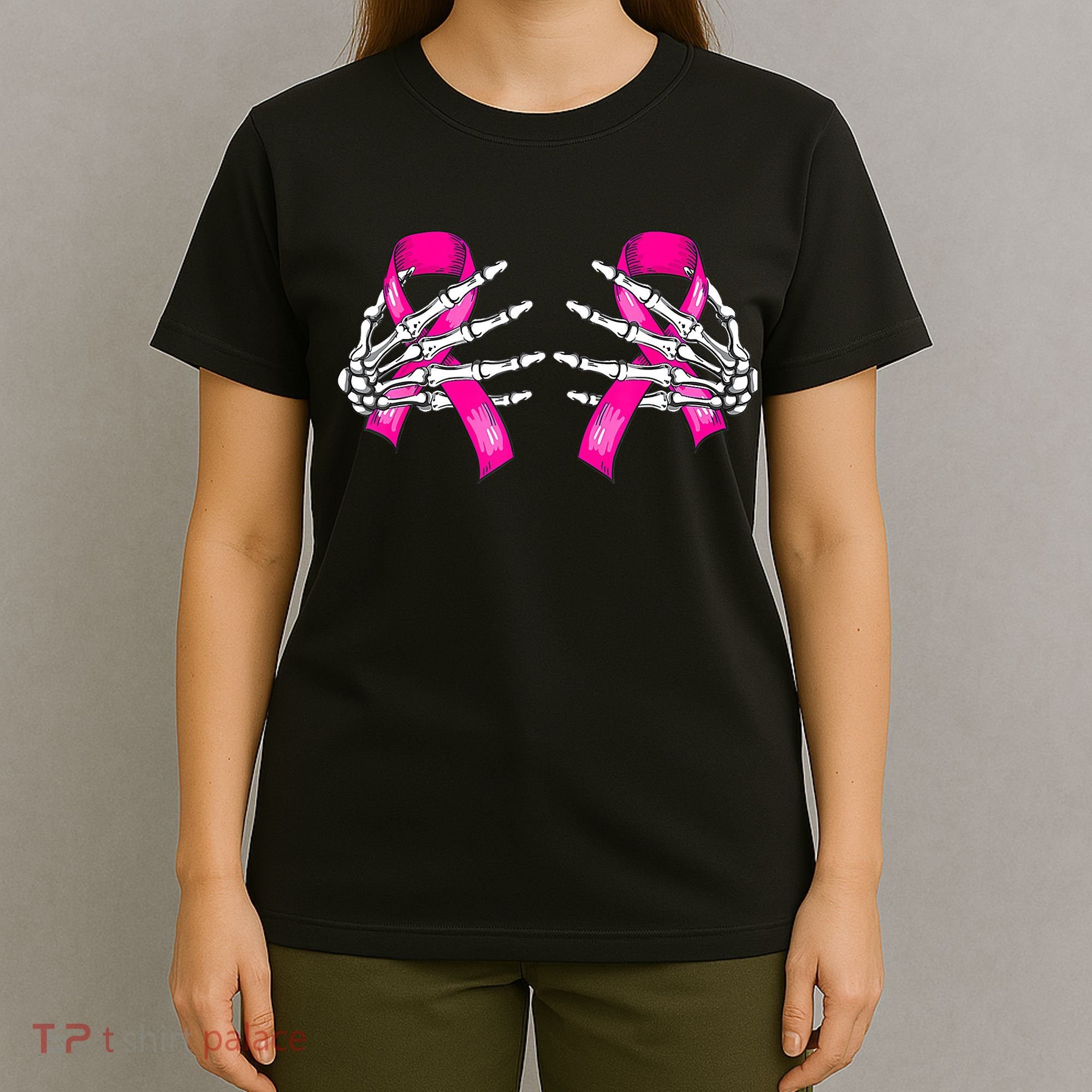 Breast Cancer Boob Skeleton Hand On Ribbon Halloween T-Shirt