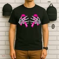 Breast Cancer Boob Skeleton Hand On Ribbon Halloween T-Shirt thumb 6