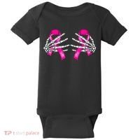 Breast Cancer Boob Skeleton Hand On Ribbon Halloween Baby Bodysuit thumb 0