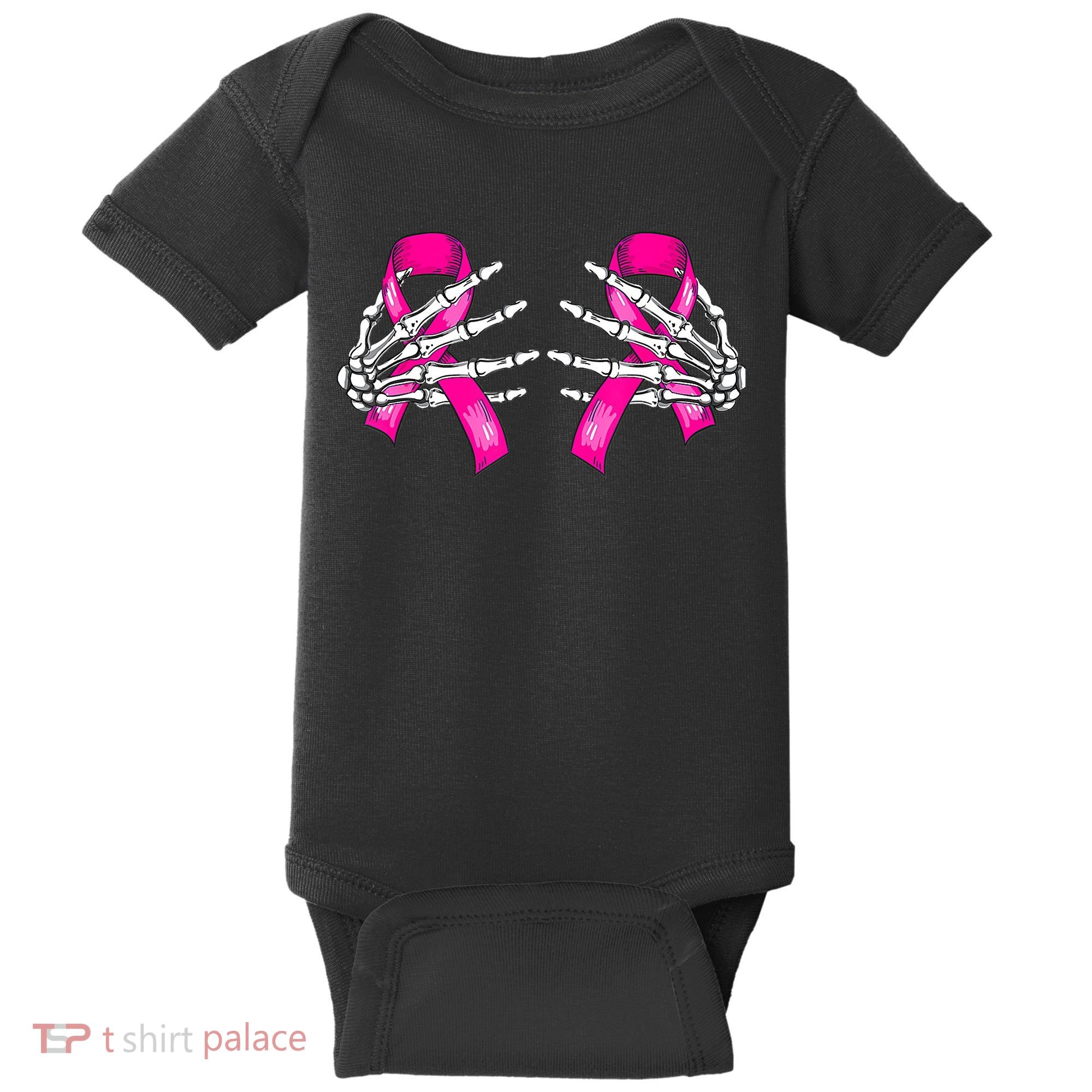 Breast Cancer Boob Skeleton Hand On Ribbon Halloween Baby Bodysuit