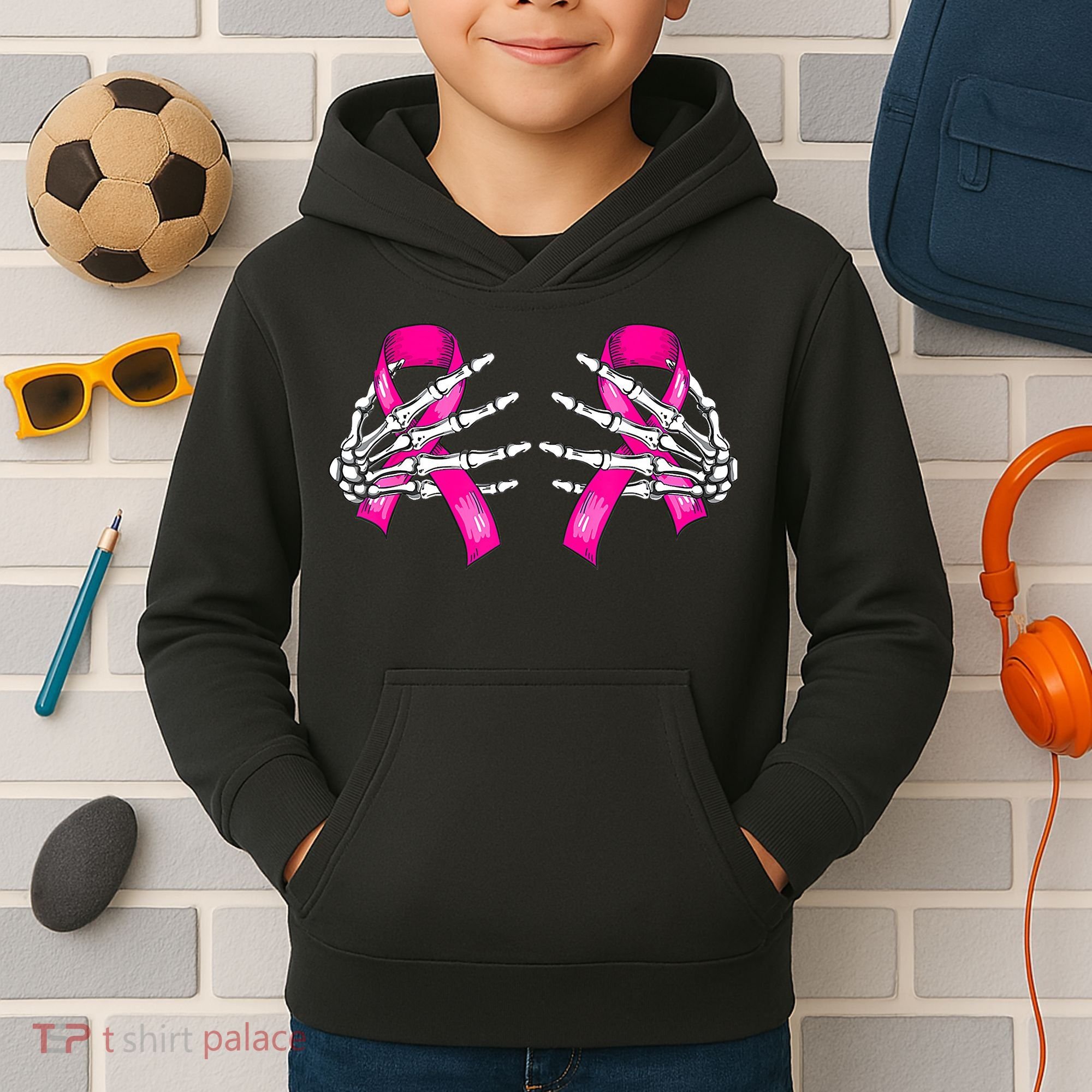 Breast Cancer Boob Skeleton Hand On Ribbon Halloween Kids Hoodie