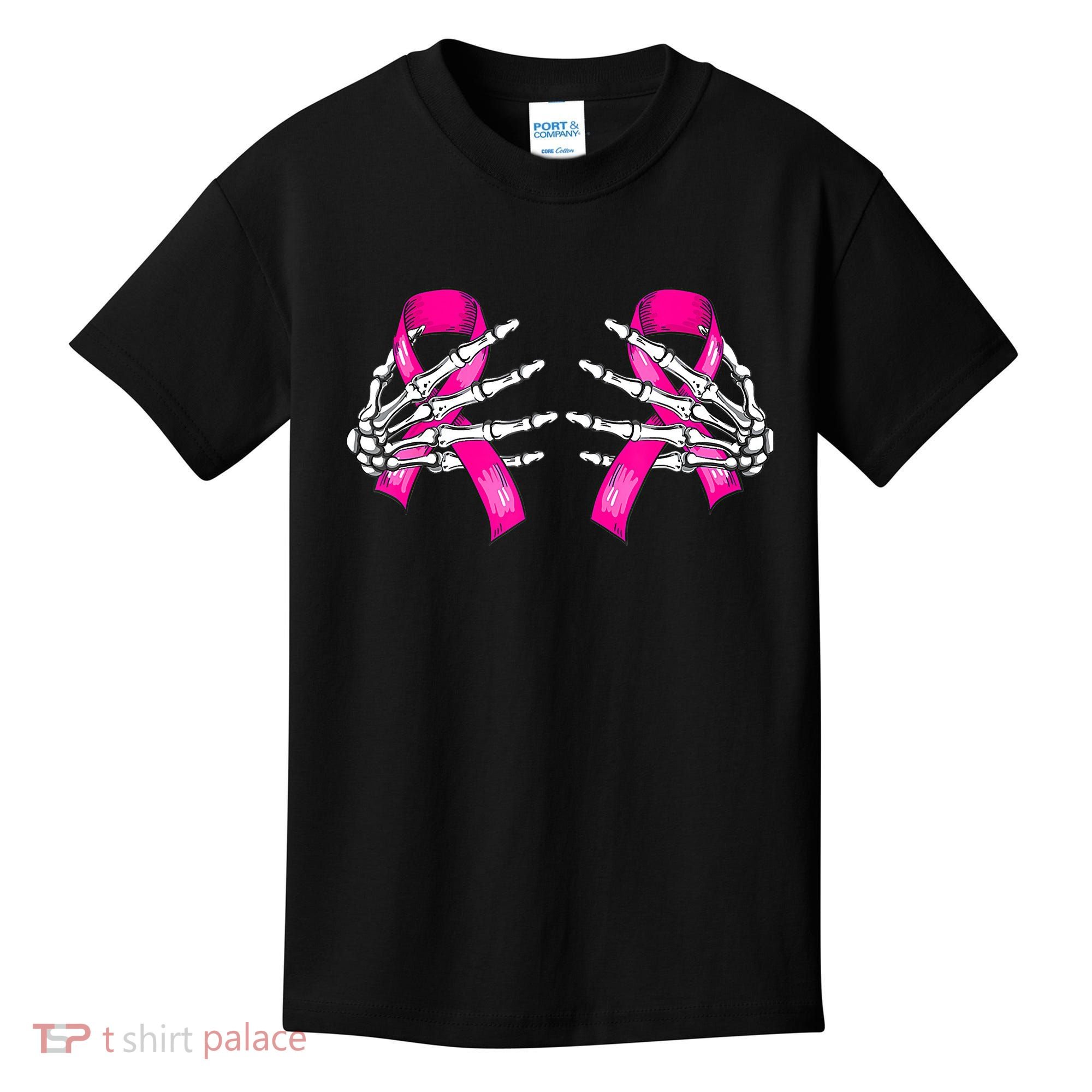 Breast Cancer Boob Skeleton Hand On Ribbon Halloween Kids T-Shirt