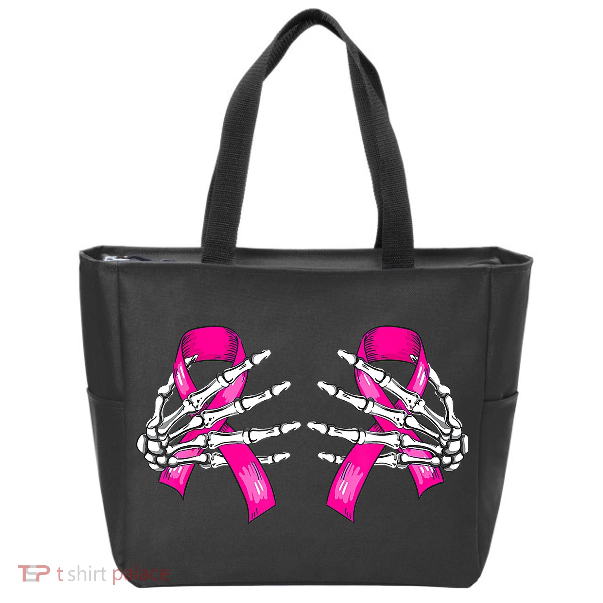 Breast Cancer Boob Skeleton Hand On Ribbon Halloween Tote Bag