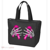 Breast Cancer Boob Skeleton Hand On Ribbon Halloween Tote Bag thumb 3