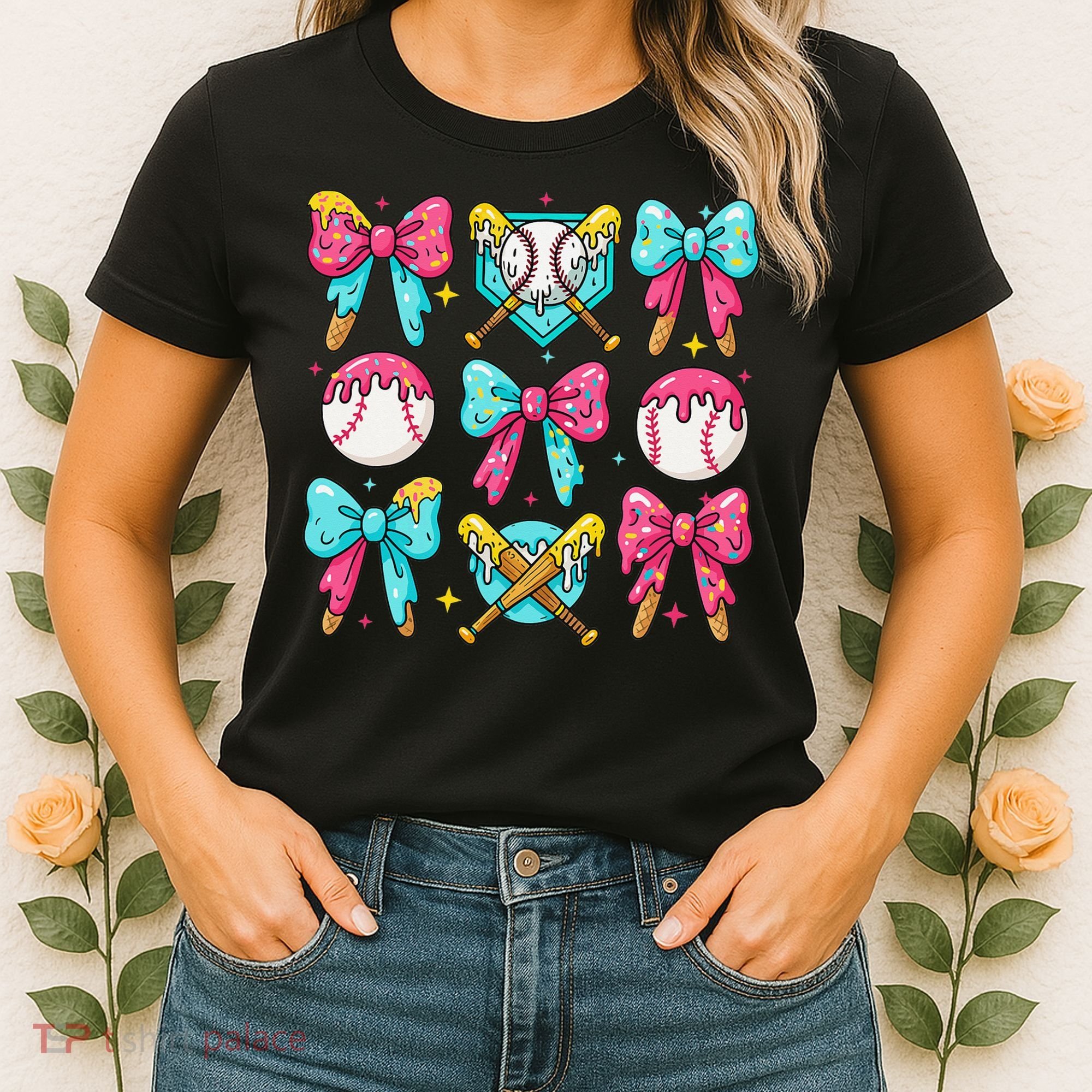 Baseball Coquette Bow Cream Game Day Baseball Mama Women's T-Shirt