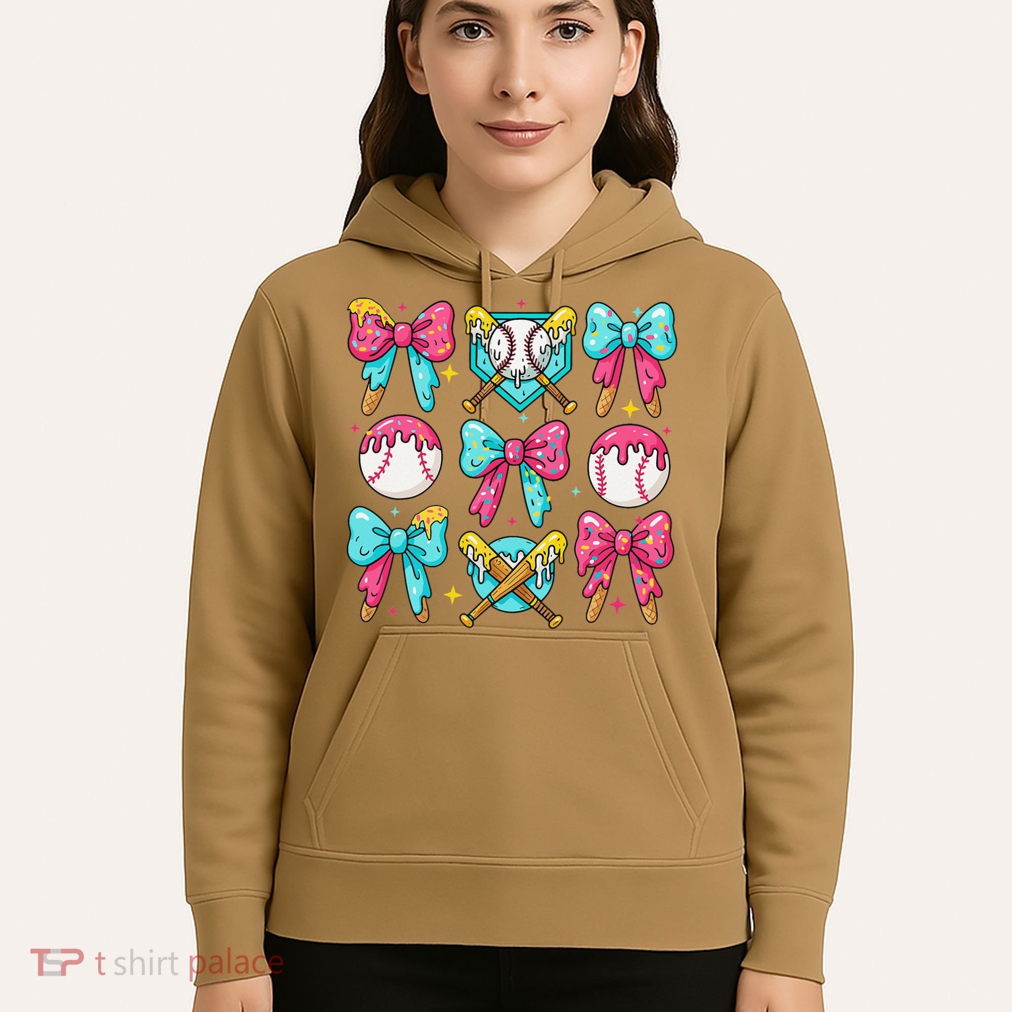 Baseball Coquette Bow Cream Game Day Baseball Mama Hoodie