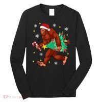 Bigfoot Carrying Christmas Tree Funny Xmas 2021 Sasquatch Long Sleeve Shirt thumb 0
