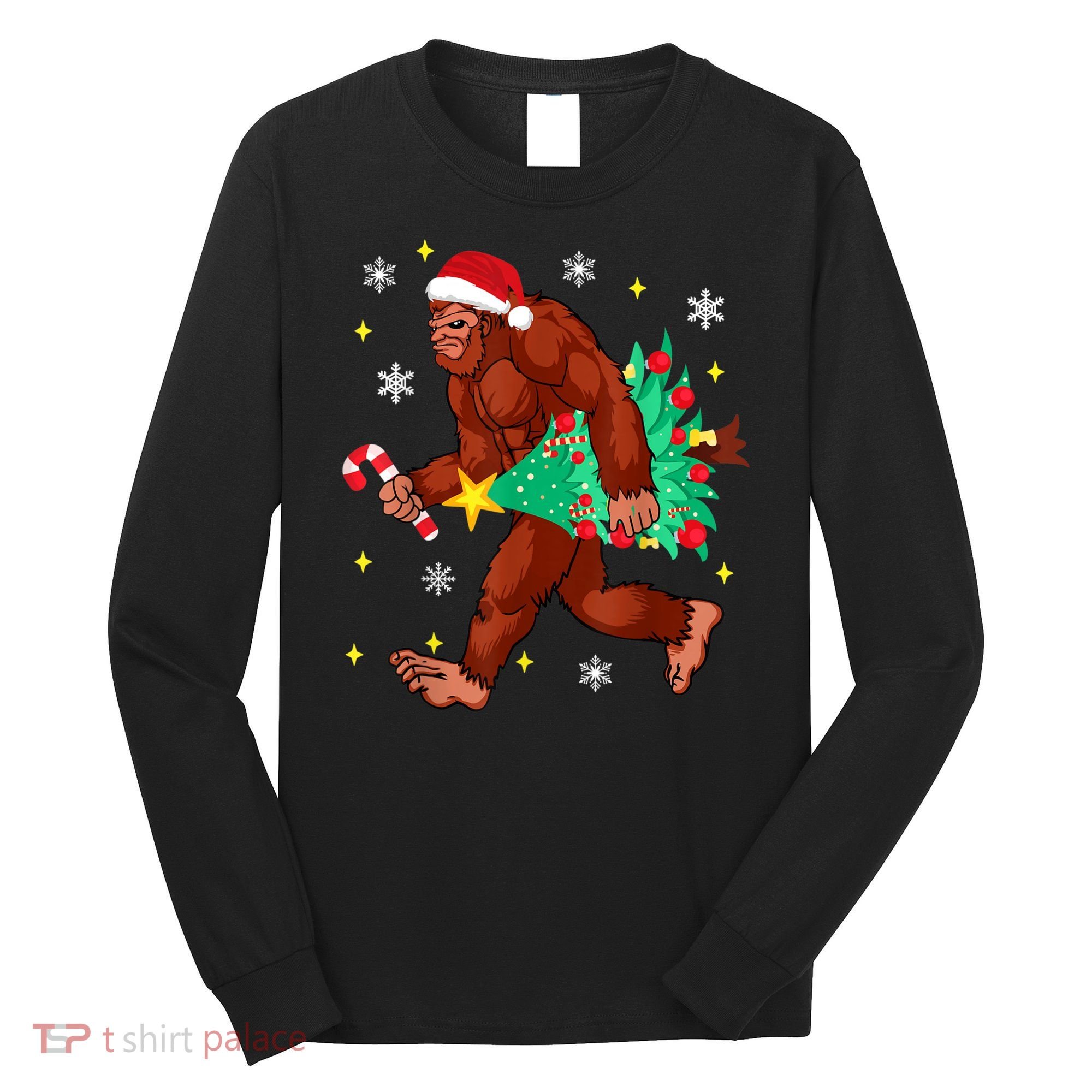 Bigfoot Carrying Christmas Tree Funny Xmas 2021 Sasquatch Long Sleeve Shirt