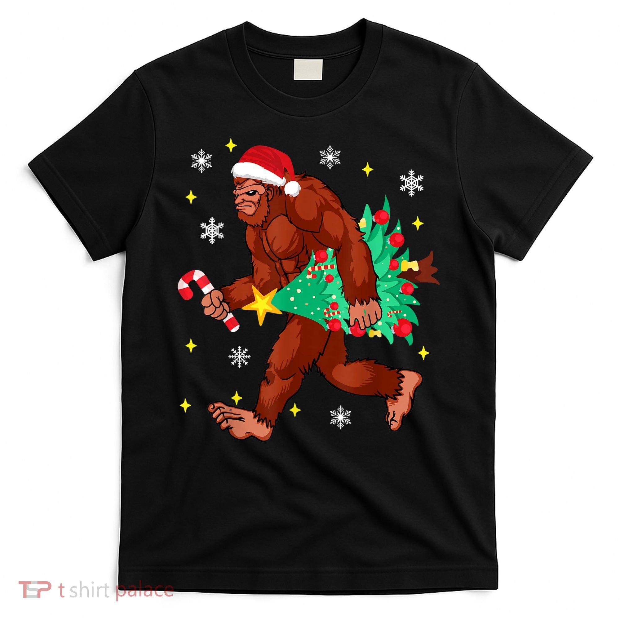 Bigfoot Carrying Christmas Tree Funny Xmas 2021 Sasquatch T-Shirt