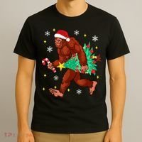 Bigfoot Carrying Christmas Tree Funny Xmas 2021 Sasquatch T-Shirt thumb 3
