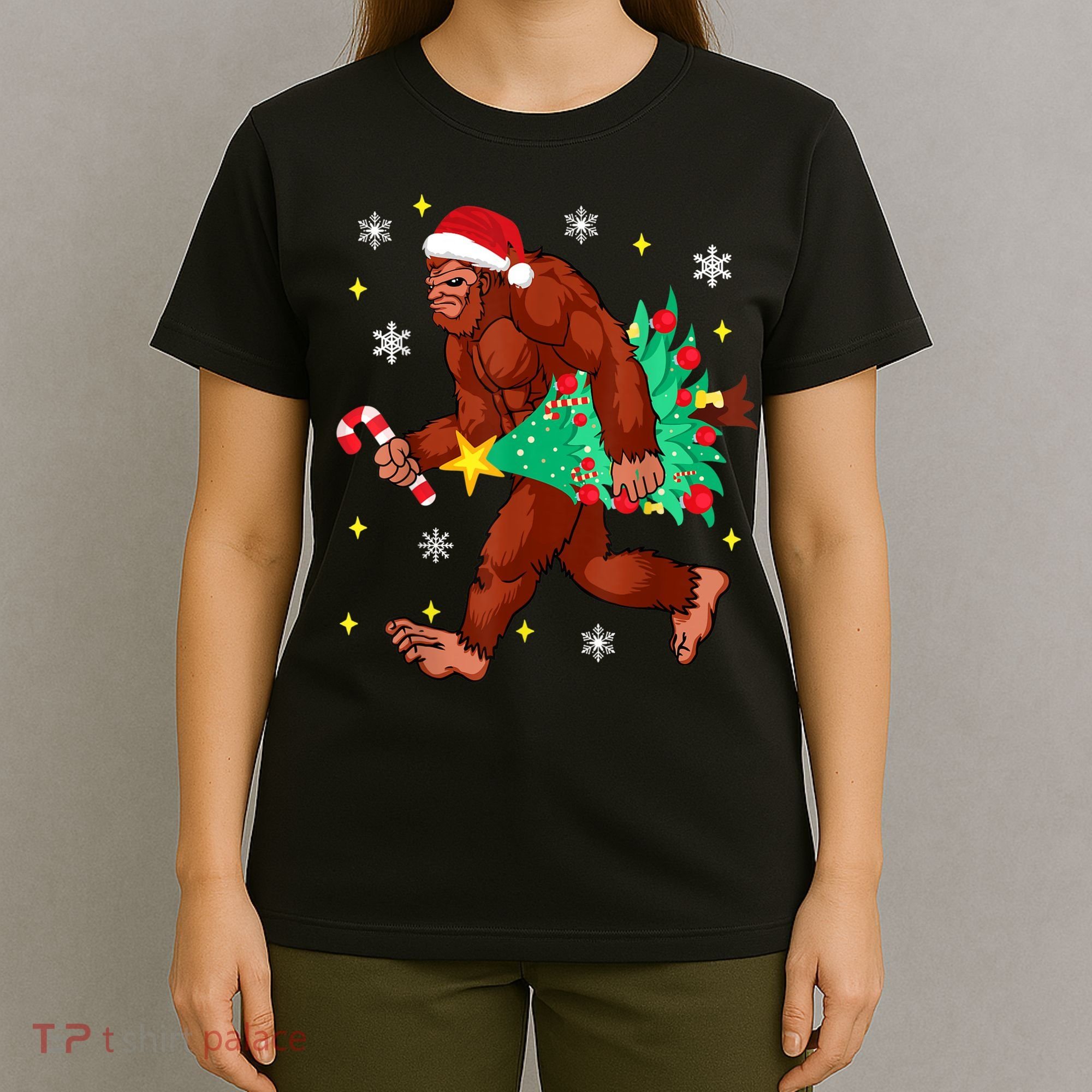 Bigfoot Carrying Christmas Tree Funny Xmas 2021 Sasquatch T-Shirt