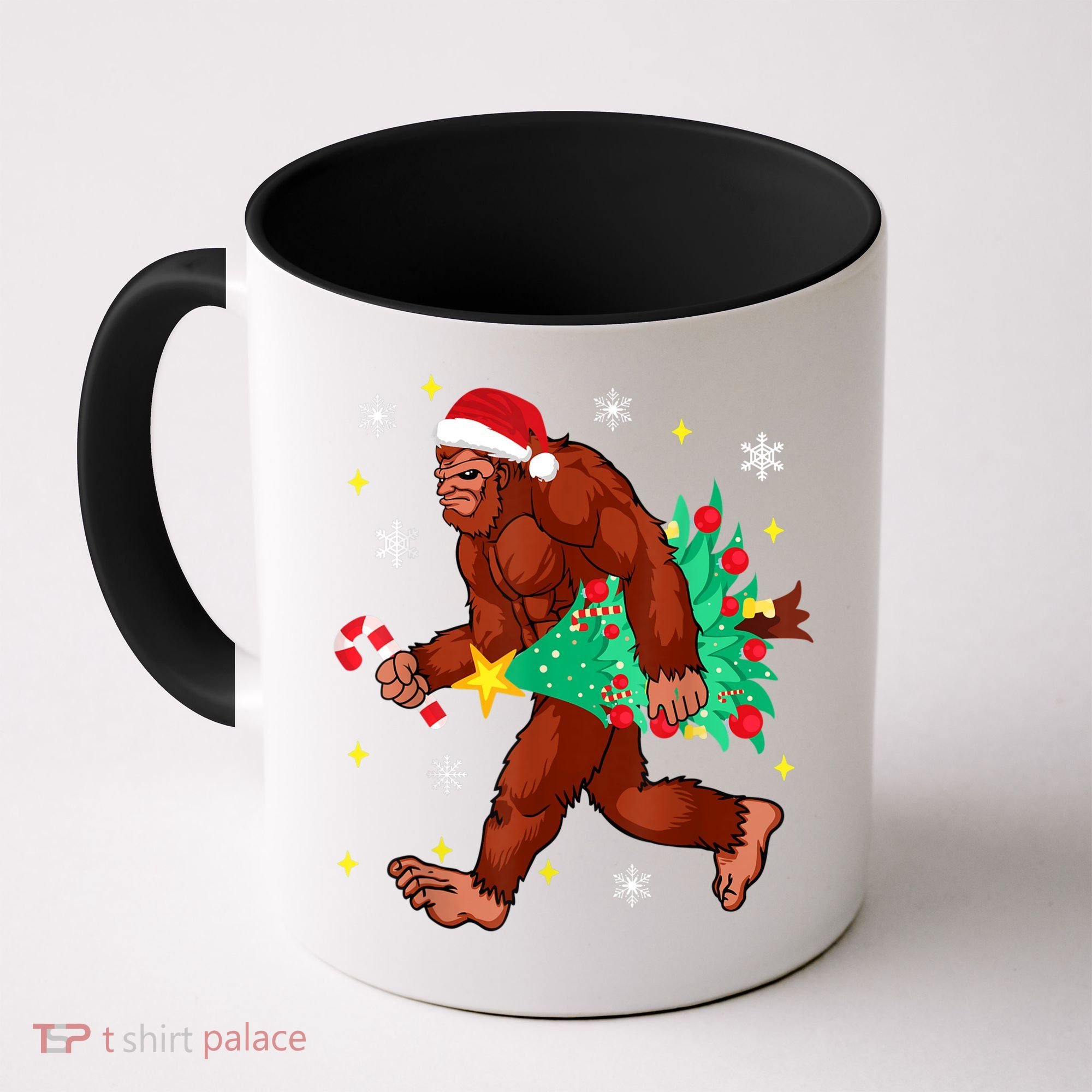 Bigfoot Carrying Christmas Tree Funny Xmas 2021 Sasquatch Coffee Mug