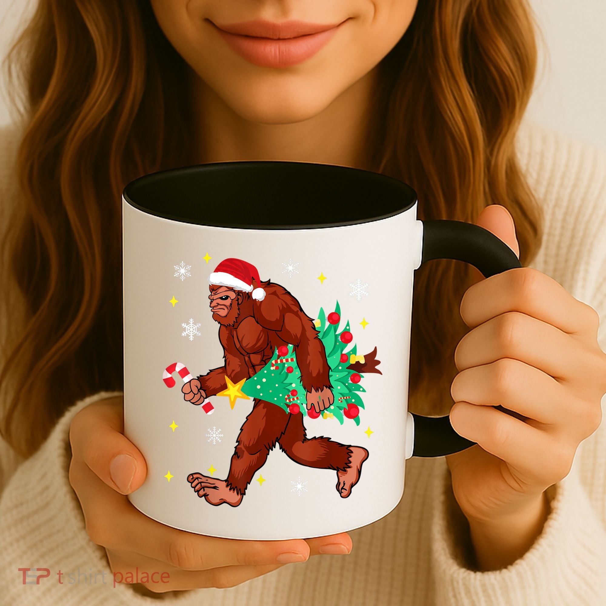 Bigfoot Carrying Christmas Tree Funny Xmas 2021 Sasquatch Coffee Mug