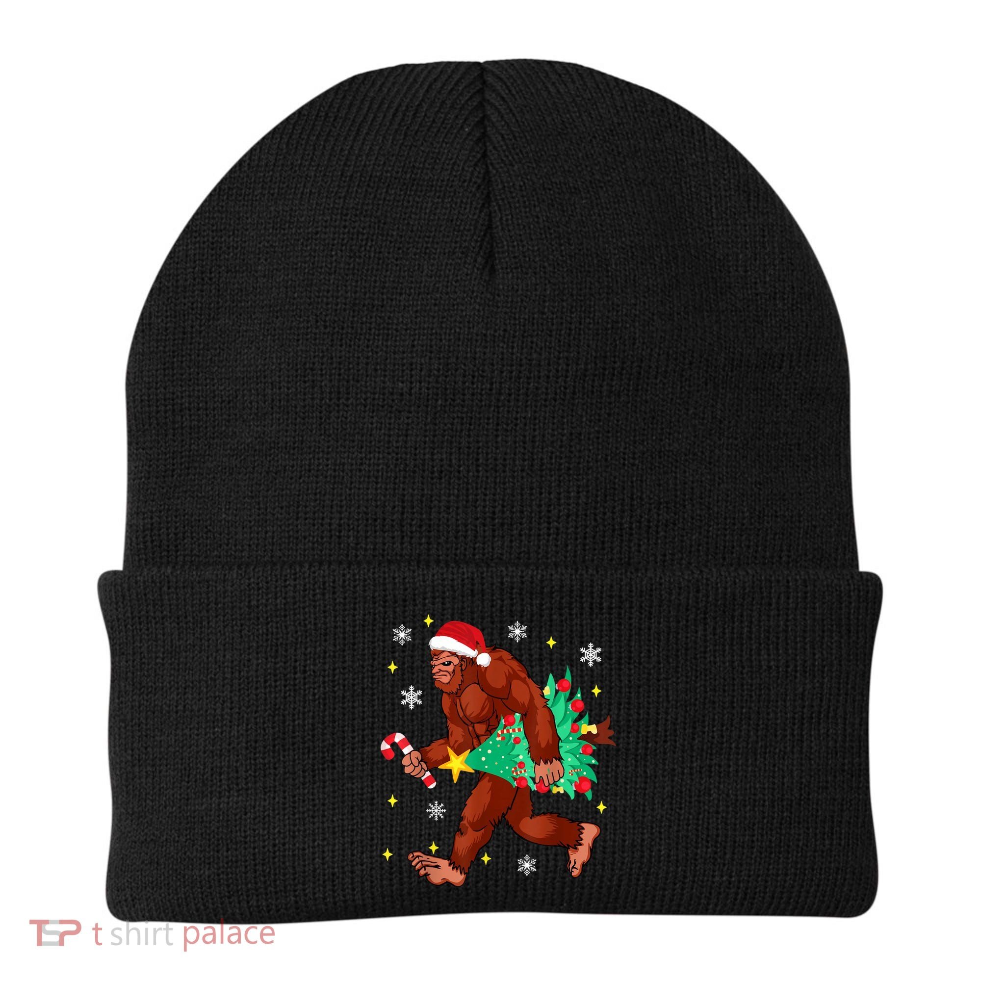 Bigfoot Carrying Christmas Tree Funny Xmas 2021 Sasquatch Beanie