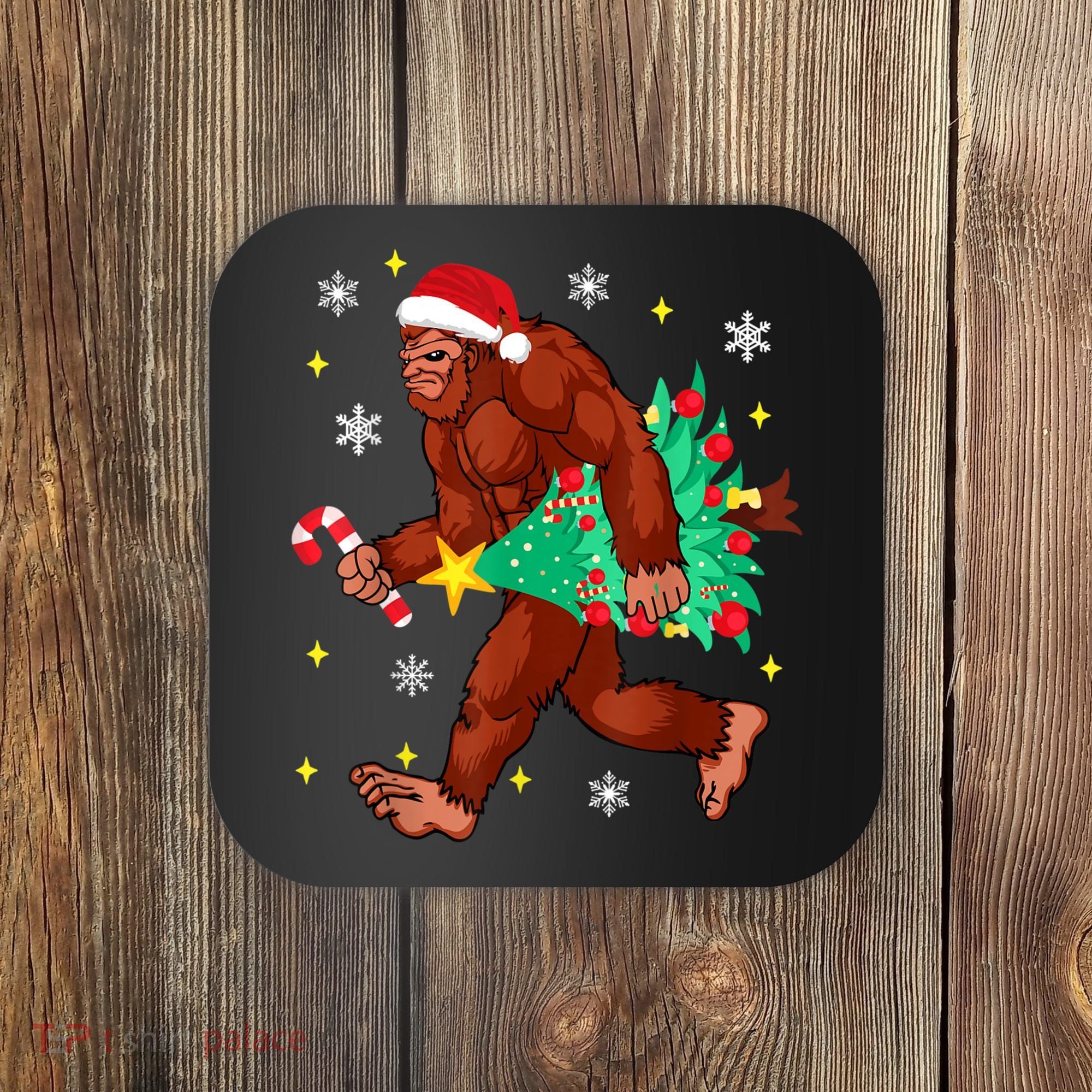Bigfoot Carrying Christmas Tree Funny Xmas 2021 Sasquatch Coaster