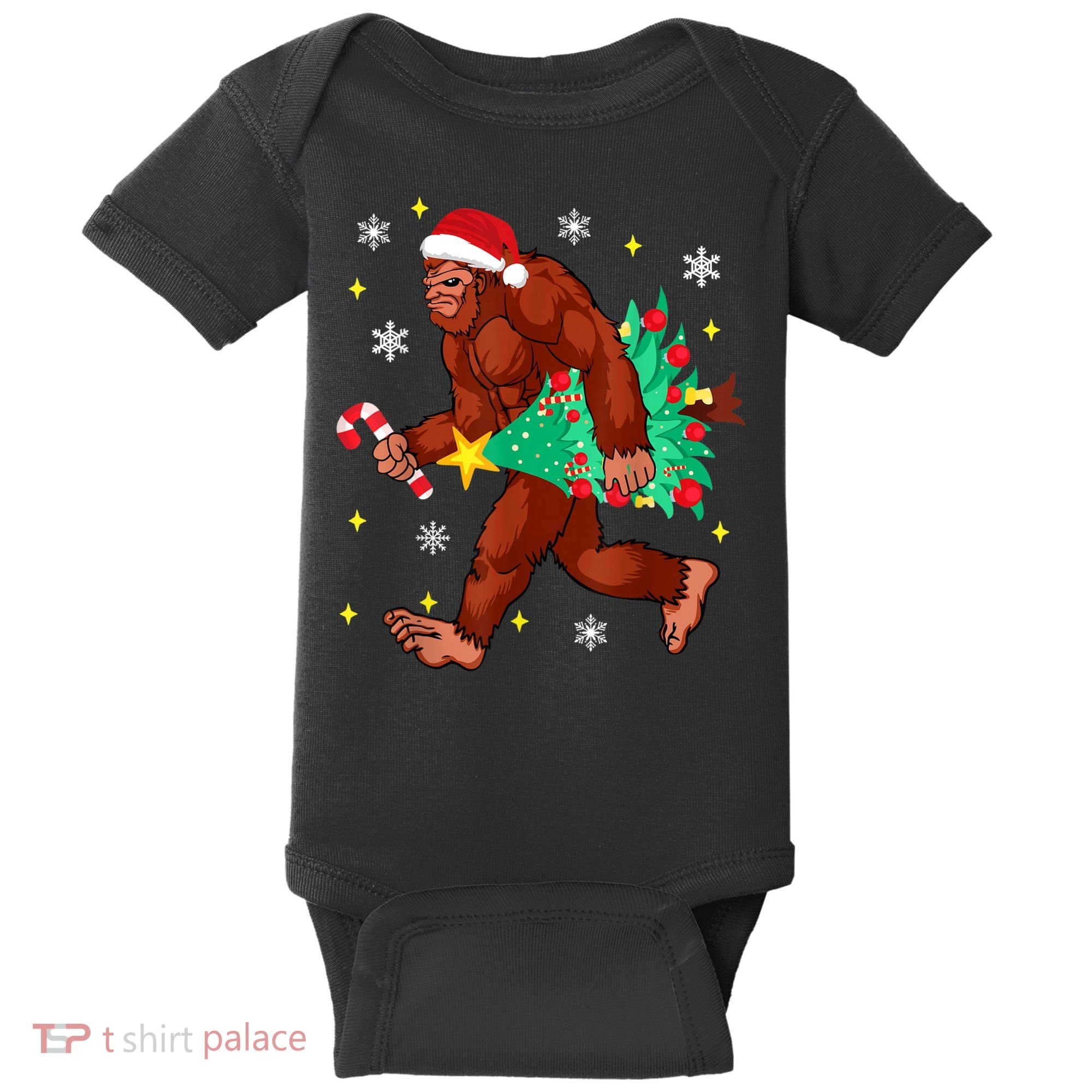 Bigfoot Carrying Christmas Tree Funny Xmas 2021 Sasquatch Baby Bodysuit