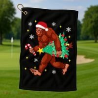 Bigfoot Carrying Christmas Tree Funny Xmas 2021 Sasquatch Golf Towel thumb 1
