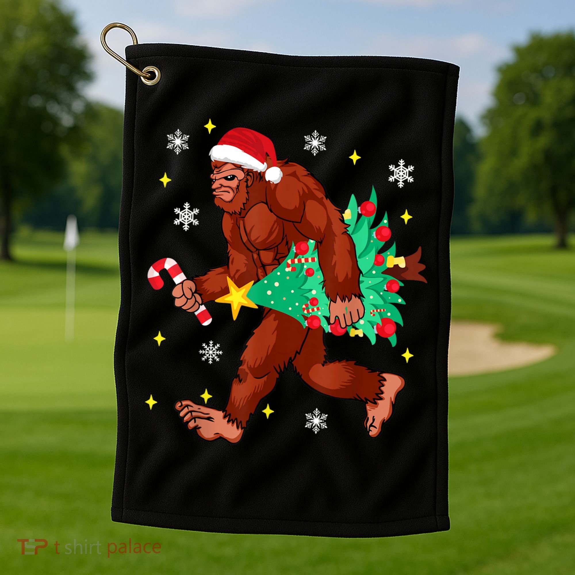 Bigfoot Carrying Christmas Tree Funny Xmas 2021 Sasquatch Golf Towel