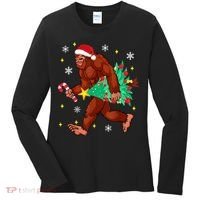 Bigfoot Carrying Christmas Tree Funny Xmas 2021 Sasquatch Women's Long Sleeve Shirt thumb 0