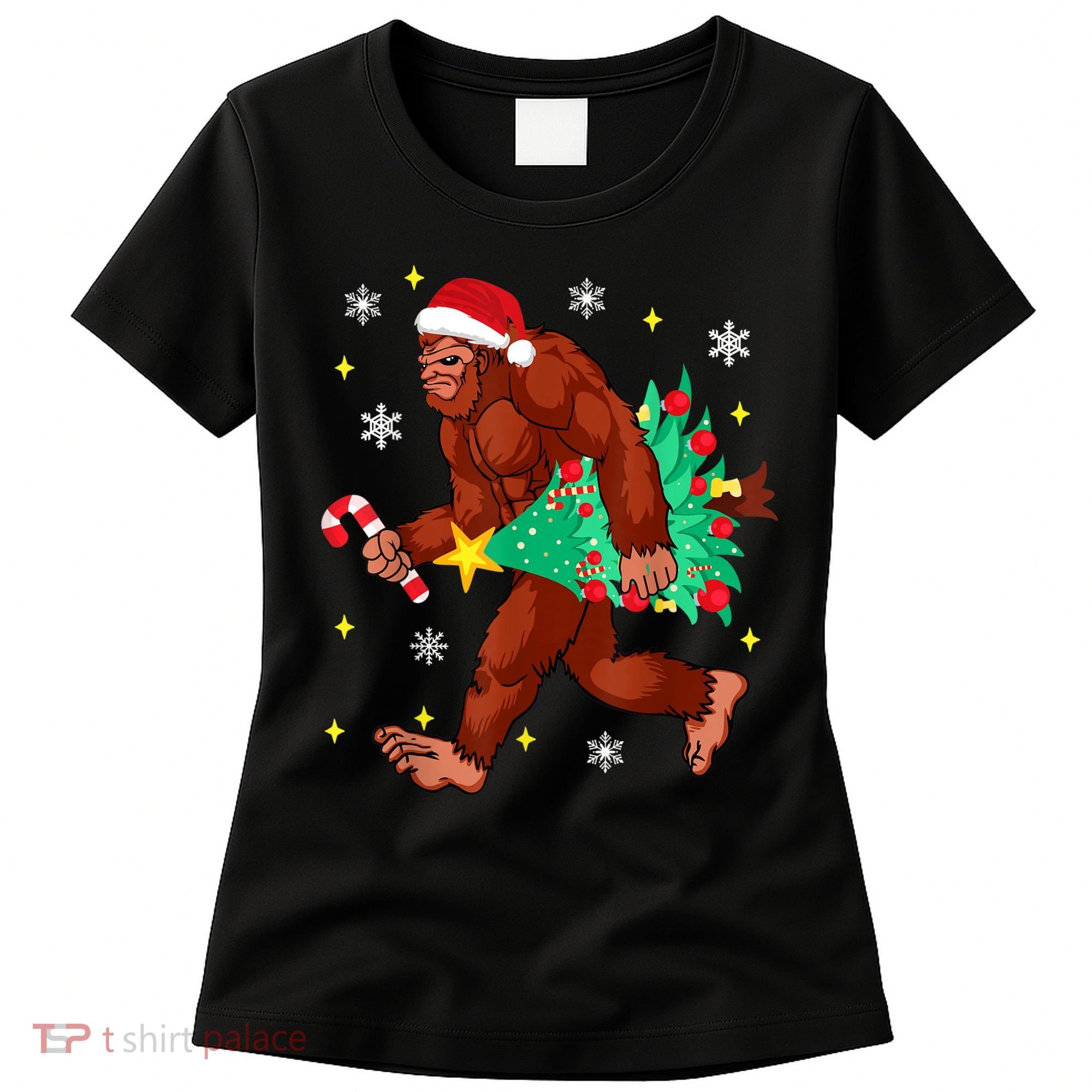 Bigfoot Carrying Christmas Tree Funny Xmas 2021 Sasquatch Women's T-Shirt