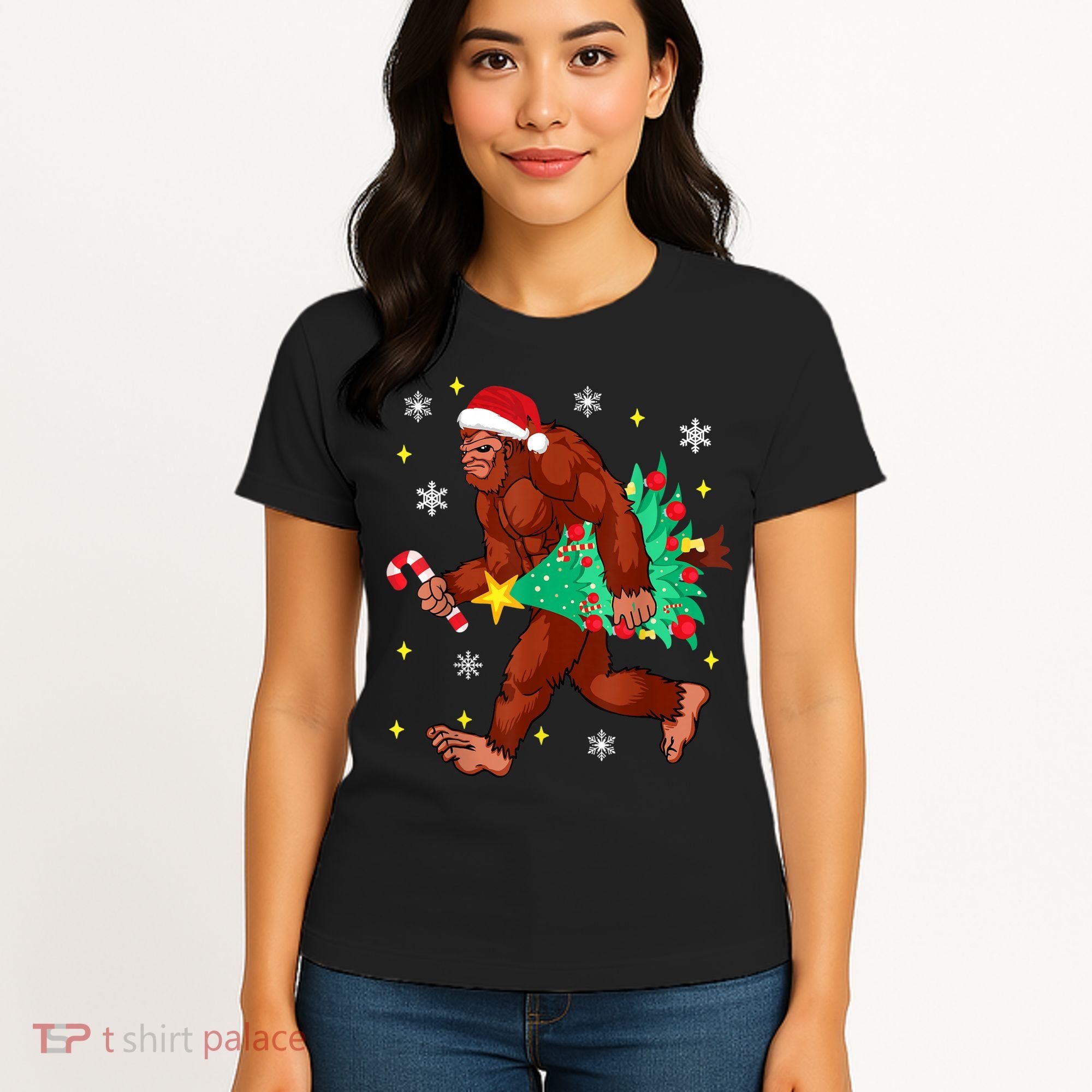 Bigfoot Carrying Christmas Tree Funny Xmas 2021 Sasquatch Women's T-Shirt