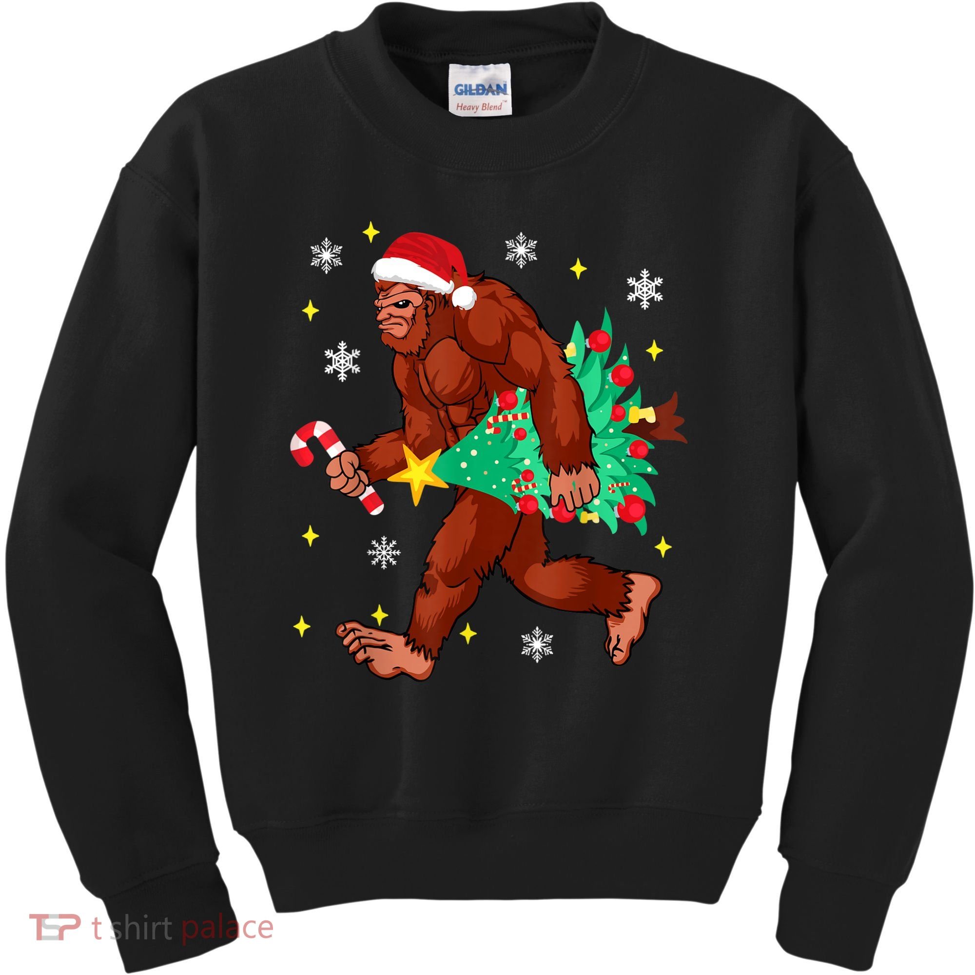 Bigfoot Carrying Christmas Tree Funny Xmas 2021 Sasquatch Kids Sweatshirt