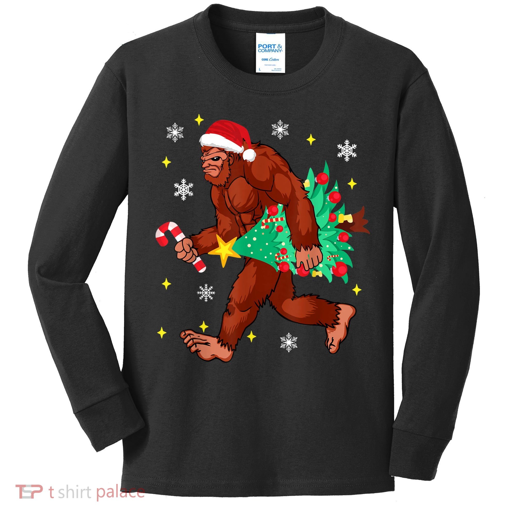Bigfoot Carrying Christmas Tree Funny Xmas 2021 Sasquatch Kids Long Sleeve Shirt