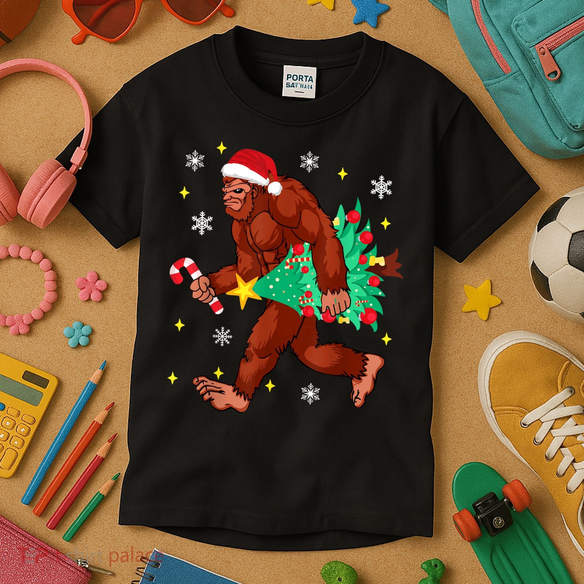 Bigfoot Carrying Christmas Tree Funny Xmas 2021 Sasquatch Kids T-Shirt