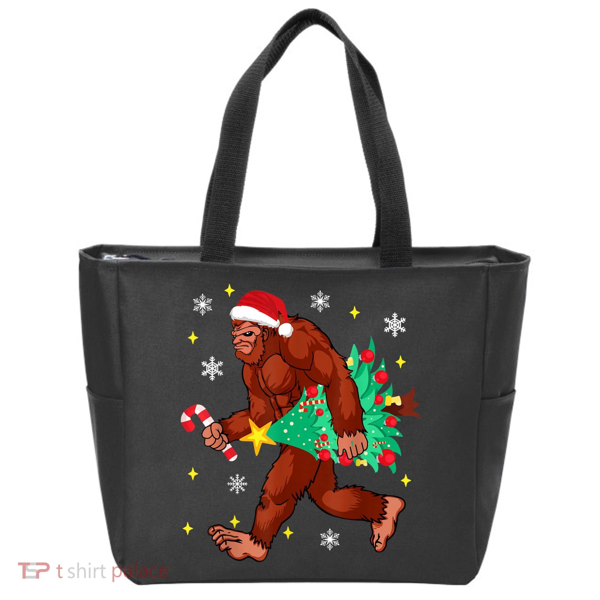 Bigfoot Carrying Christmas Tree Funny Xmas 2021 Sasquatch Tote Bag