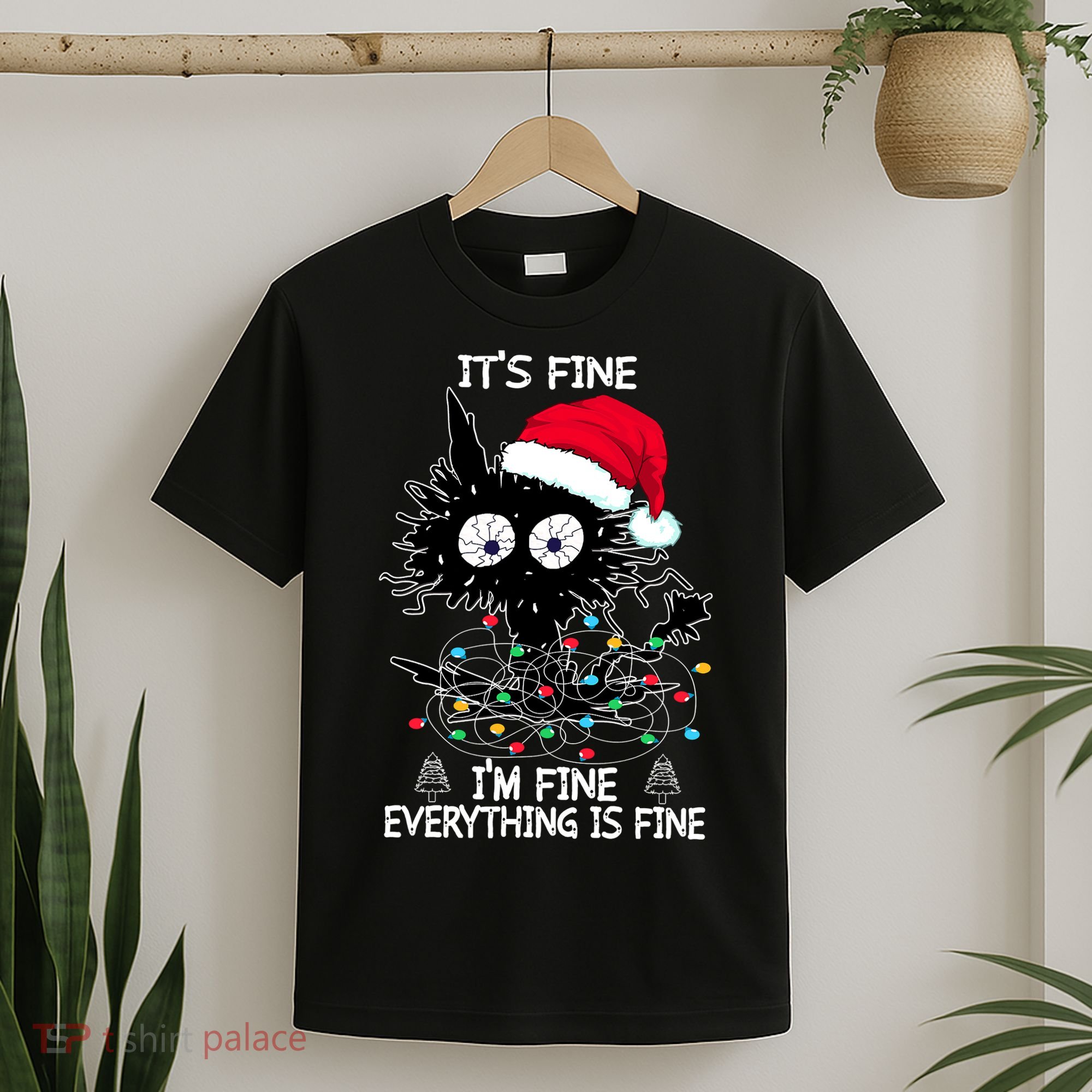 Black Cat christmas It's Fine I'm Fine Everything Is Fine T-Shirt
