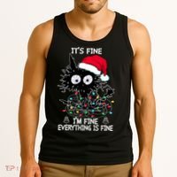 Black Cat christmas It's Fine I'm Fine Everything Is Fine Tank Top thumb 3